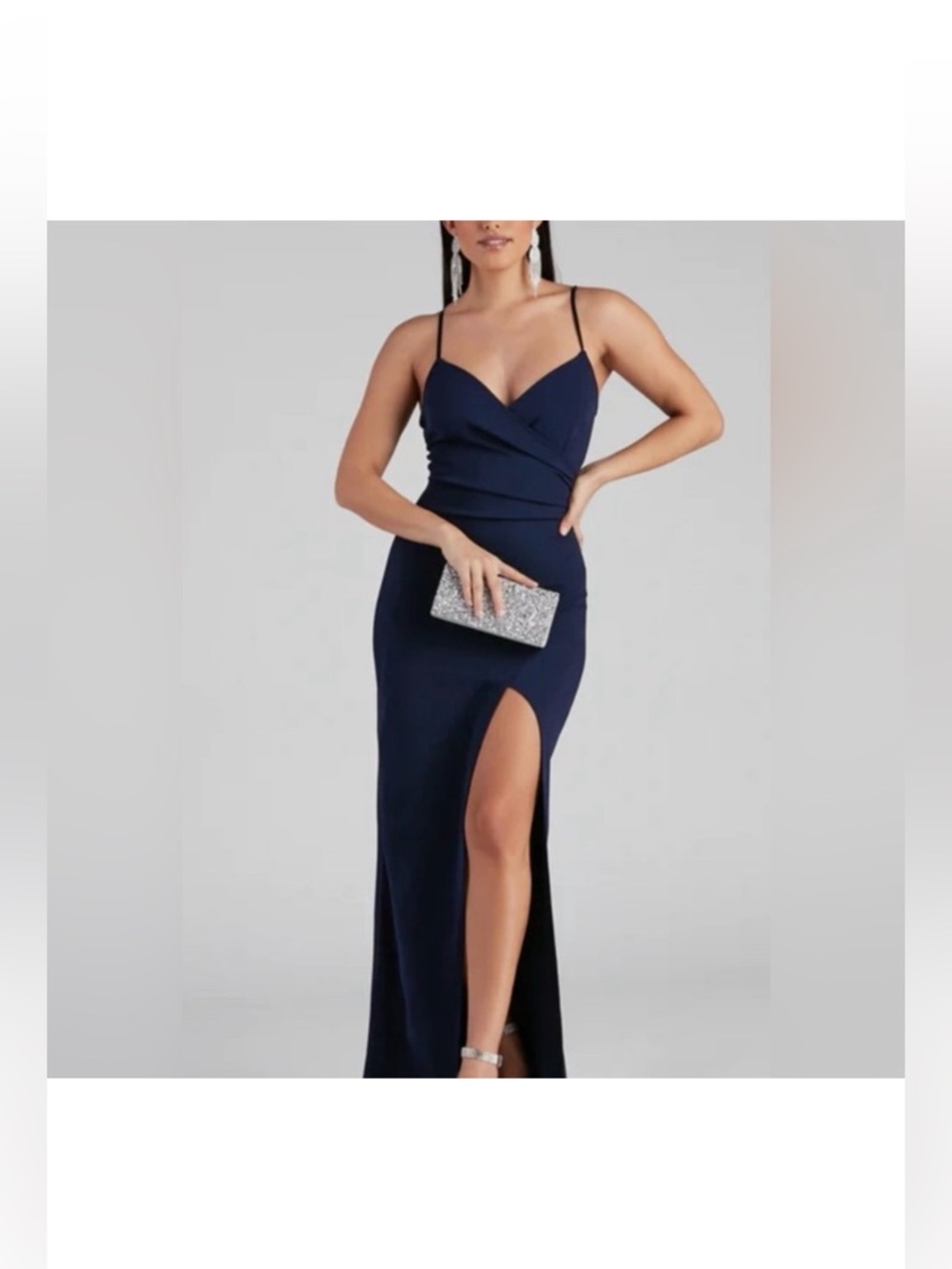Windsor Navy Spaghetti-Strap Maxi Gown with High Leg Slit